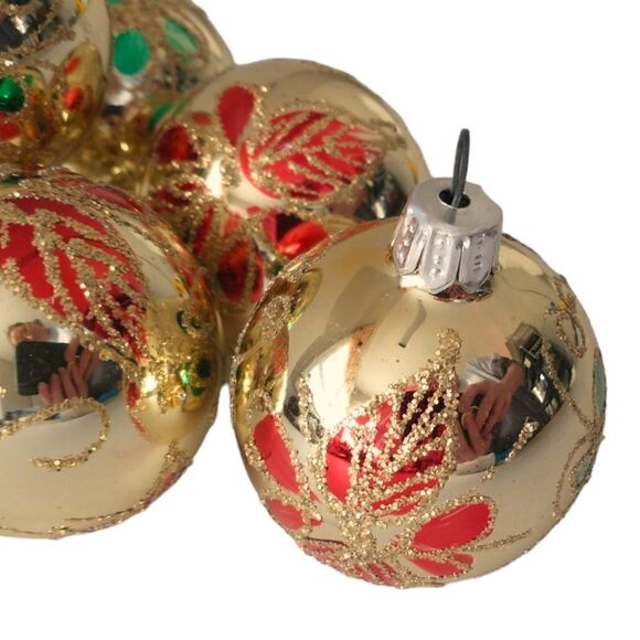 Commodore Christmas Classics Ornaments x 7 Glass Ball Hand Decorated Poinsettia. - Picture 8 of 16